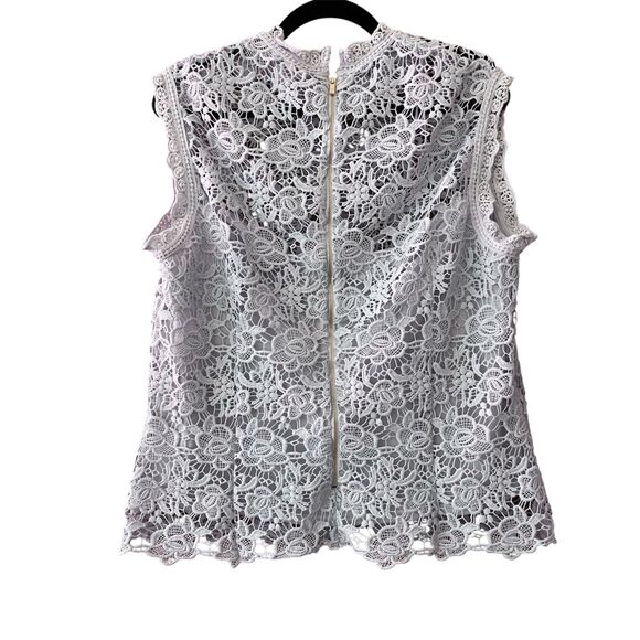 Nanette Lepore crocheted lace zip up high neck violet sleeveless top - Picture 3 of 7